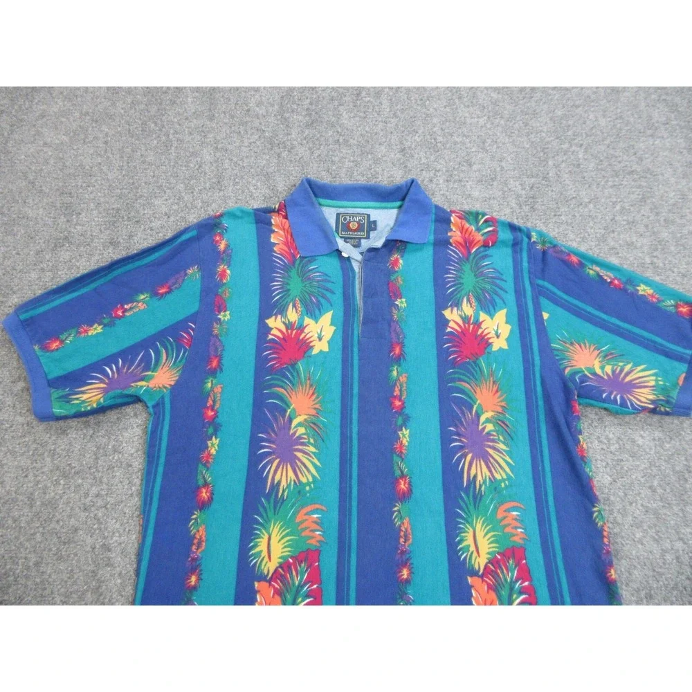 VINTAGE Chaps Ralph Lauren Polo Shirt Mens Large Blue Floral Tropical Rugby